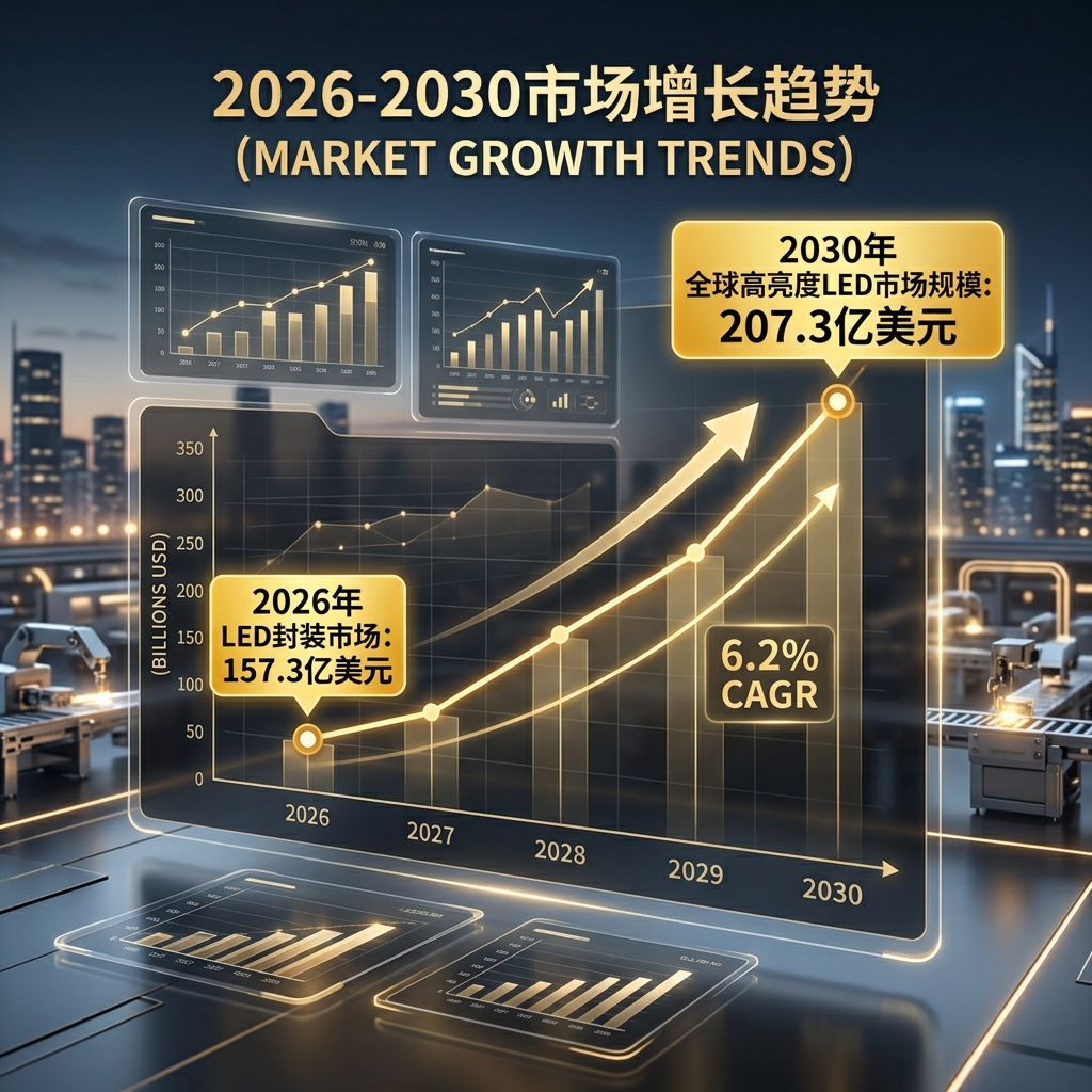 2026-2030年全球高亮度LED及LED封装市场规模与6.2%年复合增长率的市场趋势数据图。