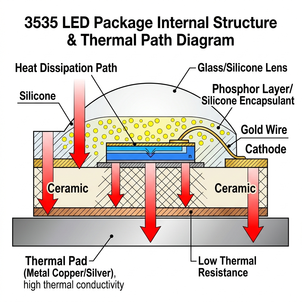 3535 LED灯珠的内部剖面结构图，展示芯片、金线、陶瓷基板和散热焊盘，并用红色箭头指示散热路径，强调低热阻设计的重要性。