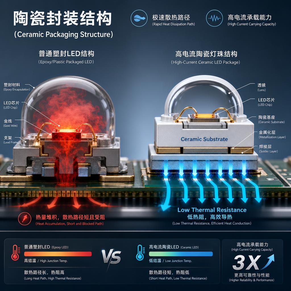 高电流陶瓷灯珠内部结构与散热对比图，展示陶瓷封装低热阻优势