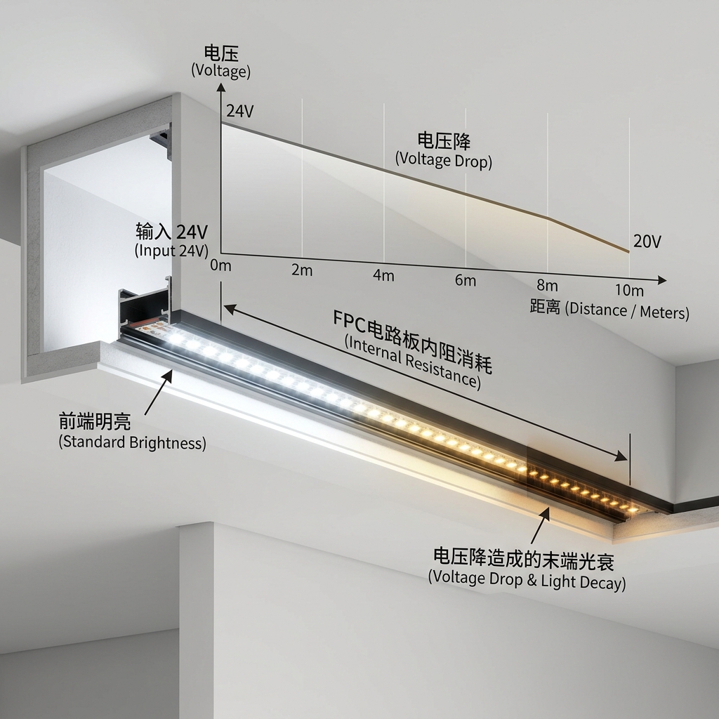 长灯珠板因电压降导致的光衰示意图：前端明亮，末端昏暗，电压曲线显示电压从24V降至20V以下，解释FPC电路板内阻消耗。