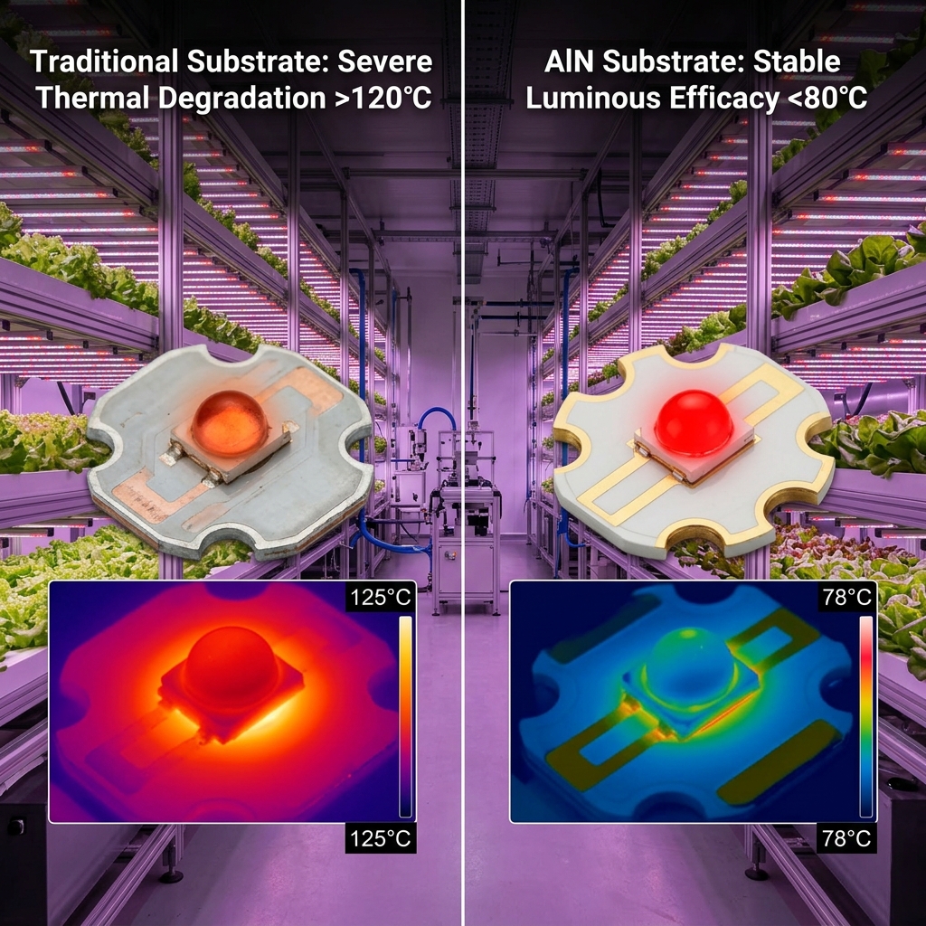 高功率红光LED在传统基板（>120℃）与氮化铝基板（<80℃）上的散热与光效对比，展示AlN如何解决热降解导致的光衰问题。