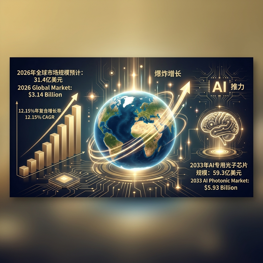 2026年光子芯片市场前景数据可视化图，展示全球市场规模预计达31.4亿美元，年复合增长率12.15%，以及2033年AI专用光子芯片市场规模将突破59.3亿美元。