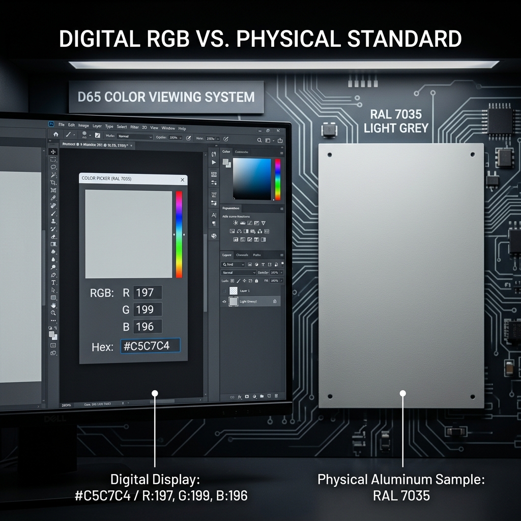 显示器上RAL 7035的RGB与HEX参数，与物理喷涂样本对比，强调数字与实物色彩的精准转换。