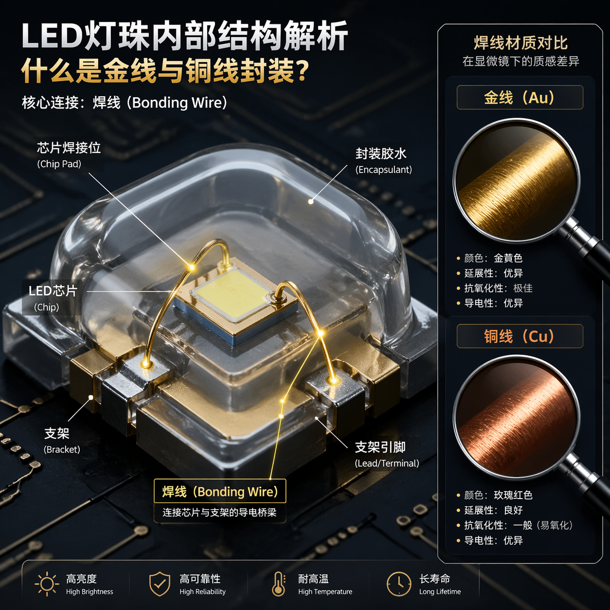 一张LED灯珠内部结构的微距3D渲染图，清晰展示了芯片、支架以及连接两者的焊线，用于解释金线和铜线封装的物理构成。