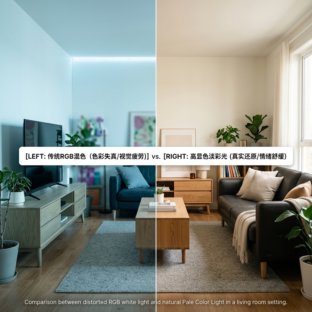 客厅照明对比：左侧为传统RGB混色灯光下的刺眼青色调，右侧为淡彩光下柔和真实的家居环境