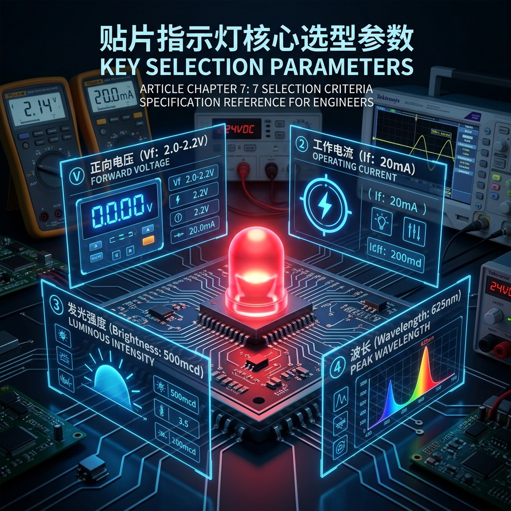 贴片指示灯核心选型参数信息图，展示1206型号LED的正向电压、工作电流、发光强度和波长等关键参数，为工程师选型提供视觉参考。