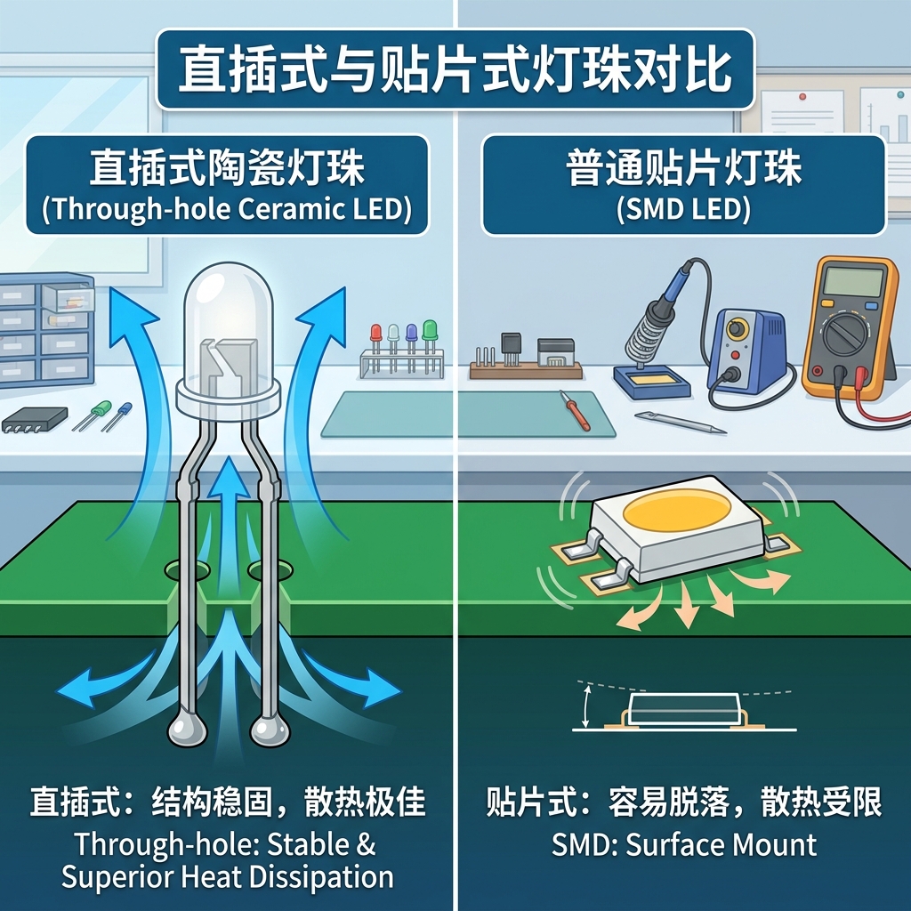 直插式陶瓷灯珠与普通贴片灯珠的对比图，展示直插式稳固安装和优异散热，以及贴片式易脱落和散热受限