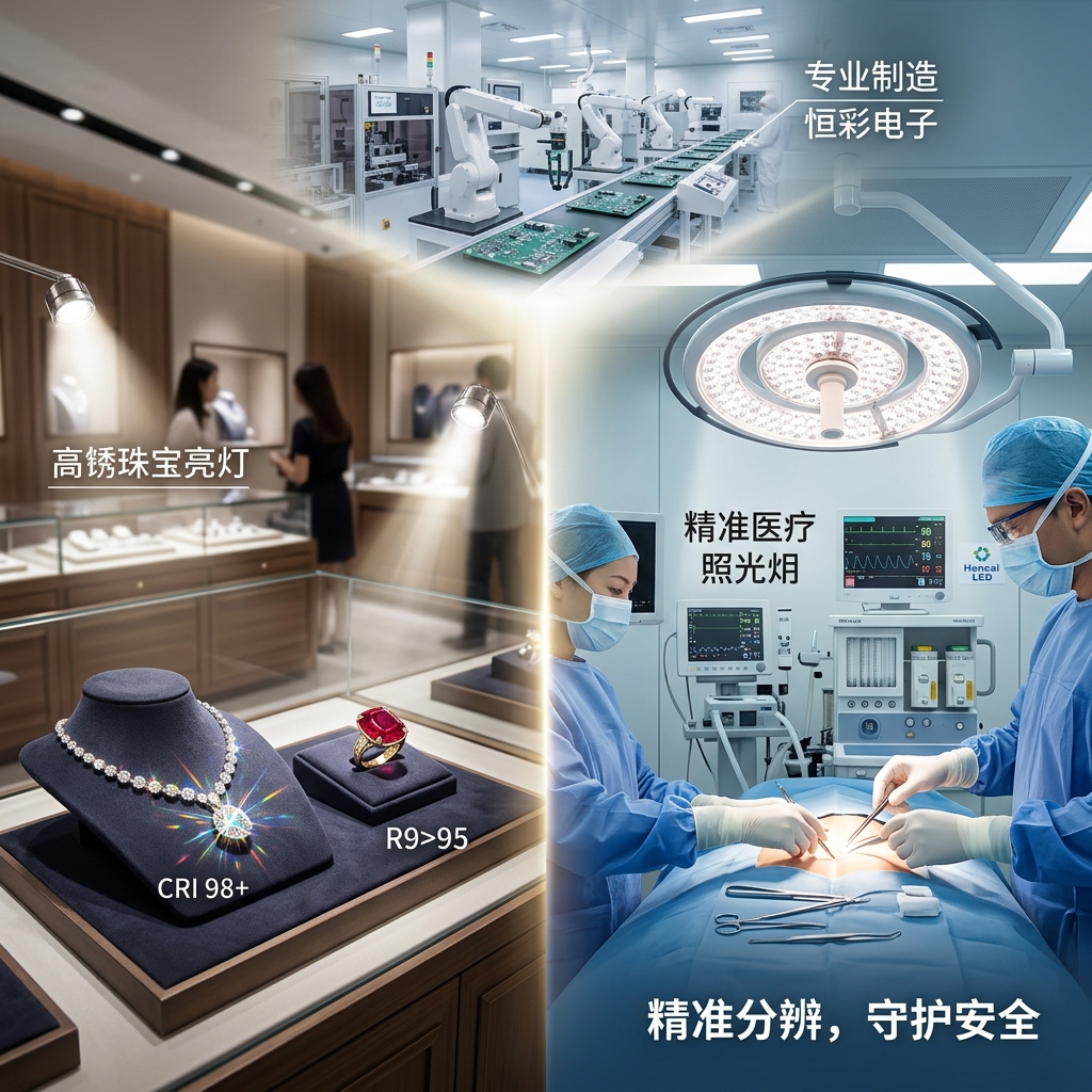 一张合成图展示高显指陶瓷灯珠在两大应用场景:左侧是奢华珠宝店,灯光让钻石璀璨、红宝石饱和;右侧是现代化手术室,无影灯提供高还原度光线,确保医生精准操作。背景隐约可见恒彩电子的生产线。