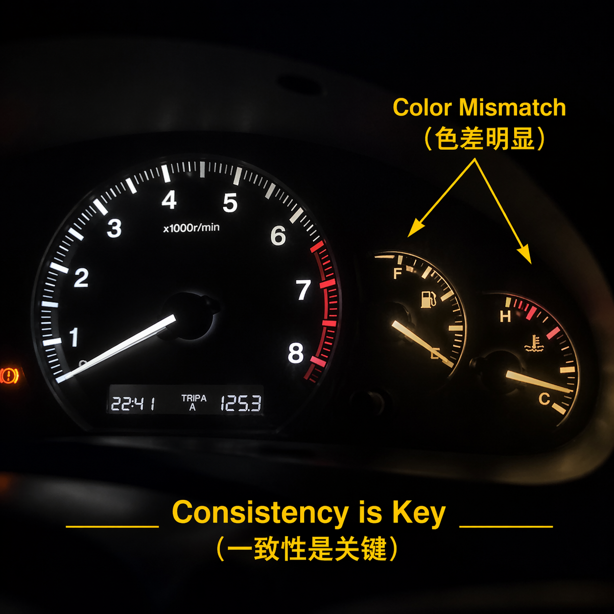 更换仪表盘LED灯珠后出现颜色不一致的示例图，一侧冷白一侧偏黄，强调色温一致性