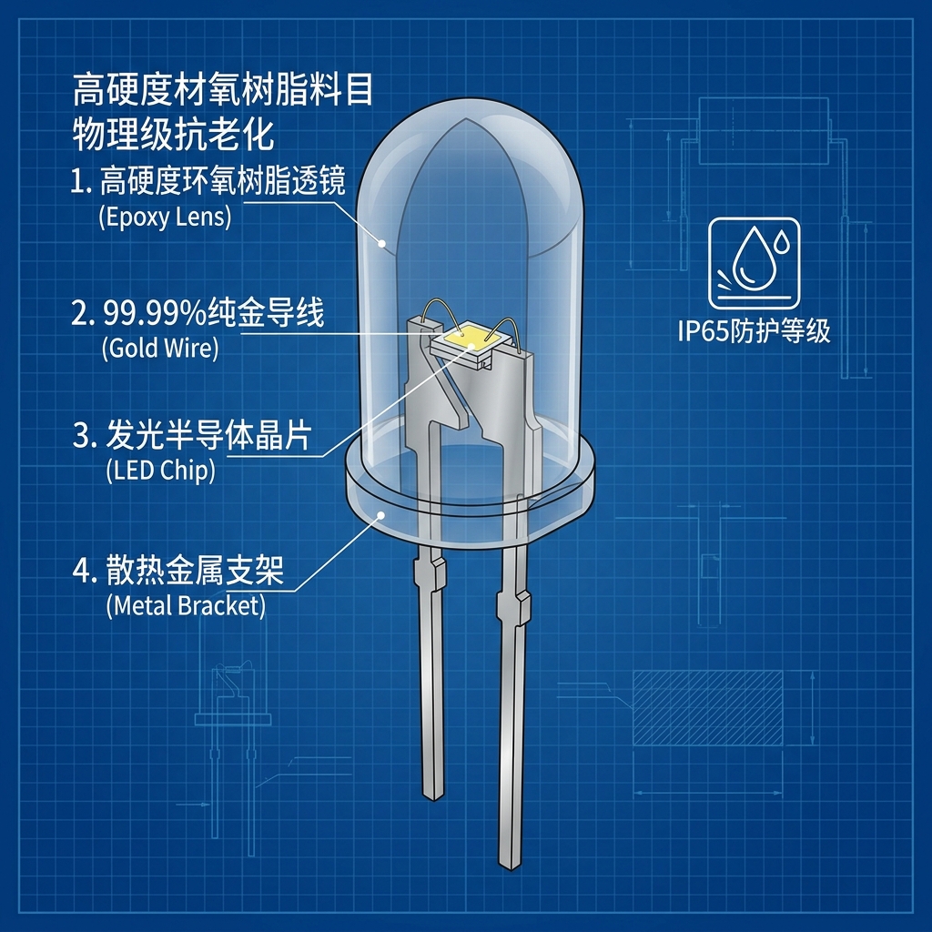DIP灯泡内部结构剖视图，清晰标注了环氧树脂透镜、金导线、发光晶片和散热支架等核心组件，展现其物理防护与光电转换原理。
