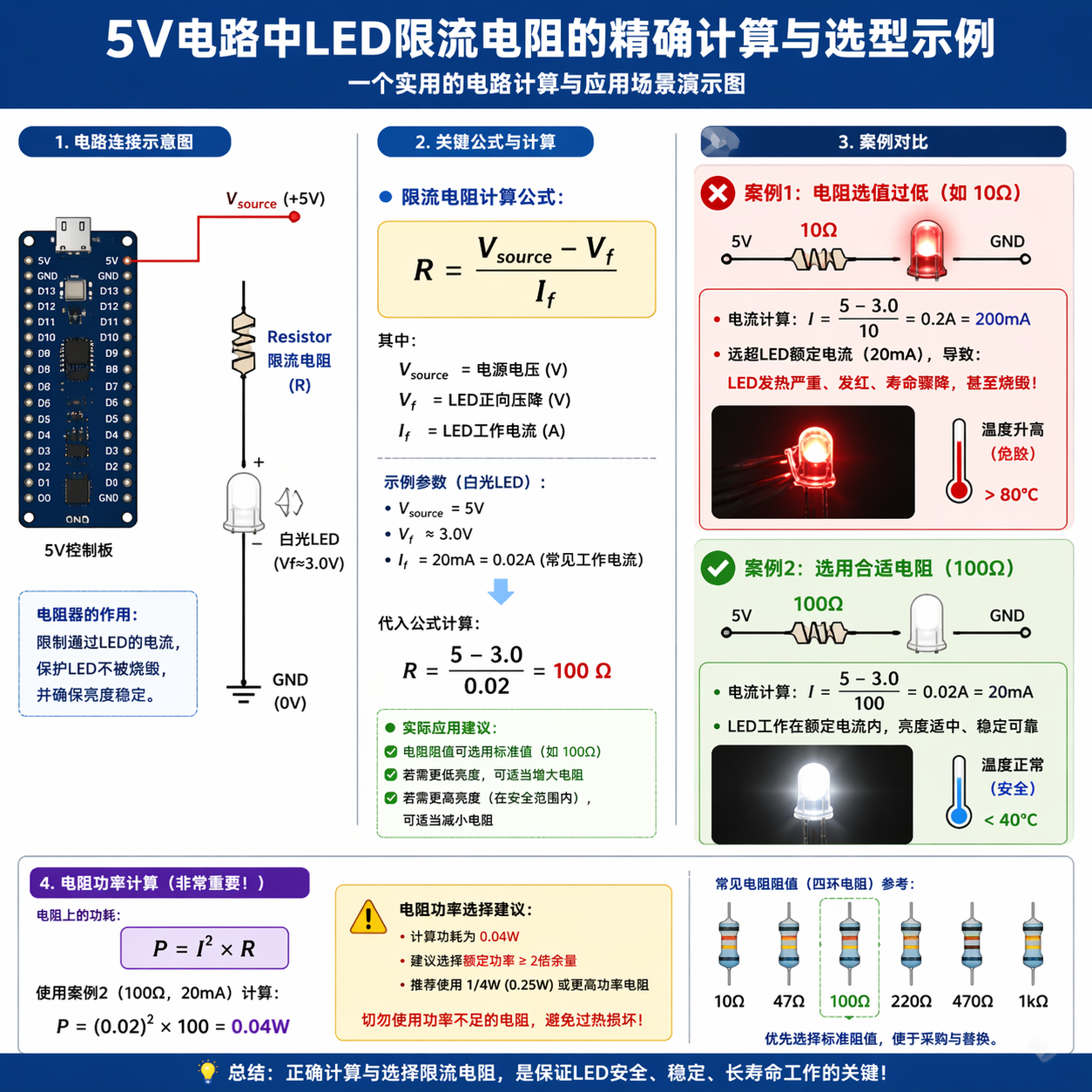 5V电路中LED限流电阻计算与选型示例，展示了R=(V_source - Vf)/If公式的应用及电阻功率P=I²×R