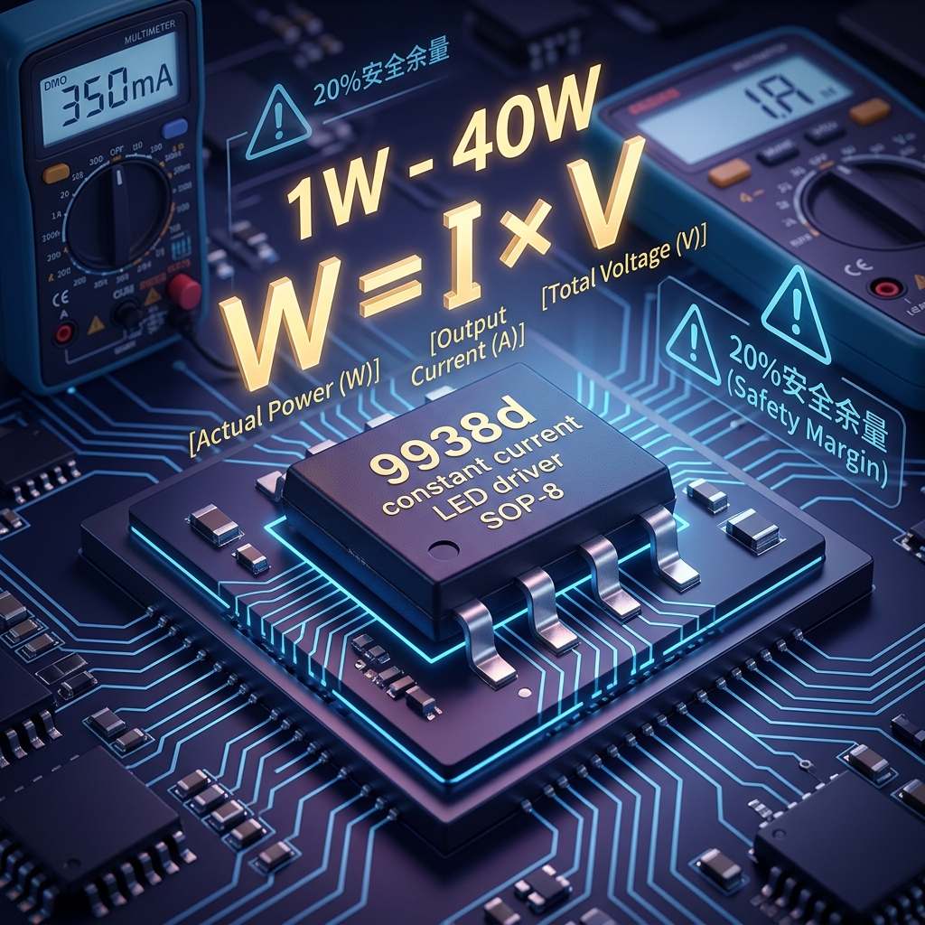 9938d恒流驱动芯片功率计算概念图,展示核心公式W=I×V、1W-40W功率范围及20%安全余量,用于LED灯珠驱动。