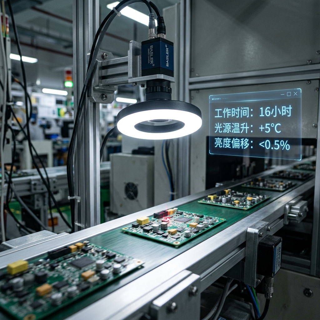 在机器视觉检测场景中，超低功耗陶瓷灯珠保证光源长期稳定运行，实时数据显示低温升和极小亮度偏移，提升检测准确性。