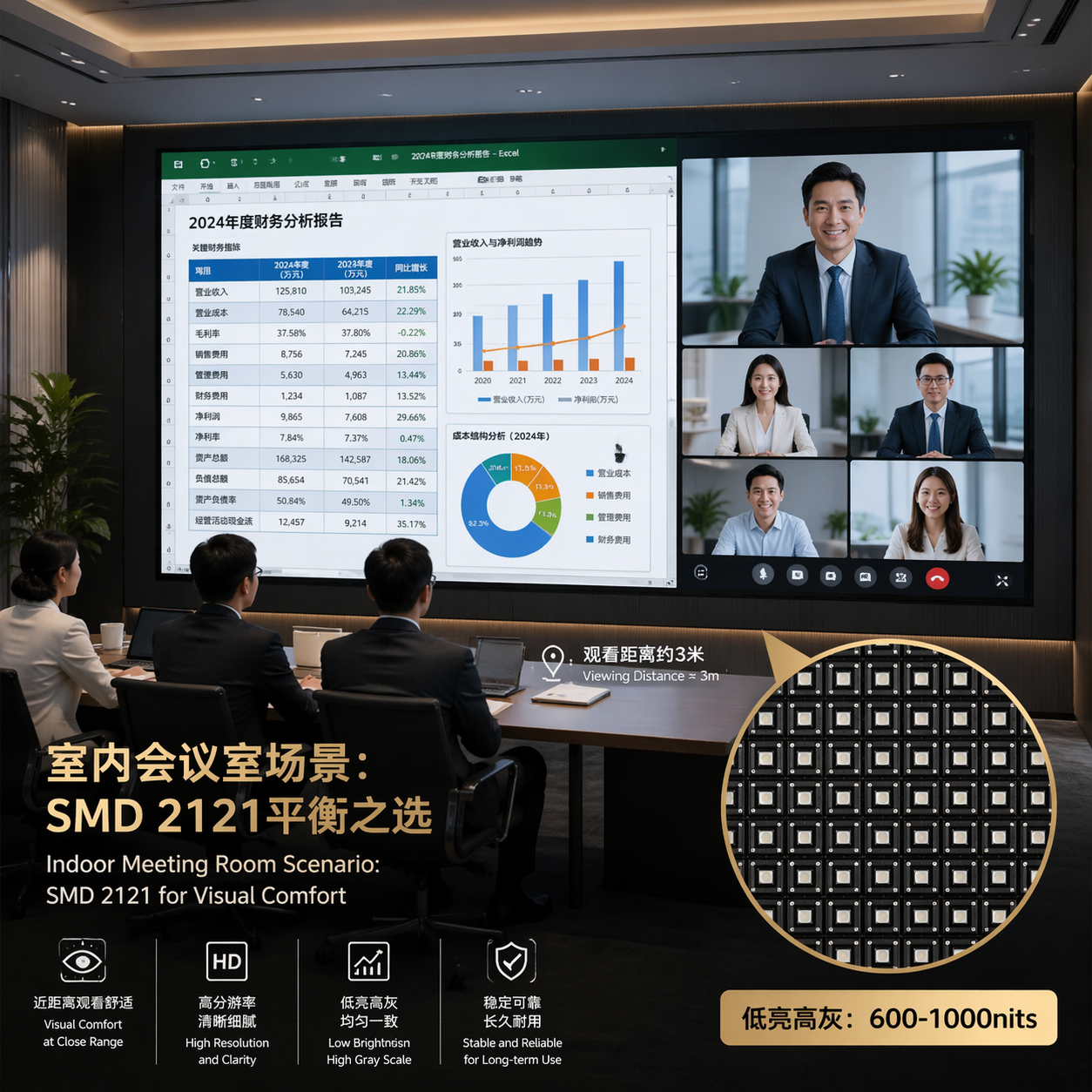 室内会议室场景P2.5 LED显示屏，展示SMD 2121灯珠阵列实现低亮高灰显示效果，适用于近距离观看舒适度高的会议环境。