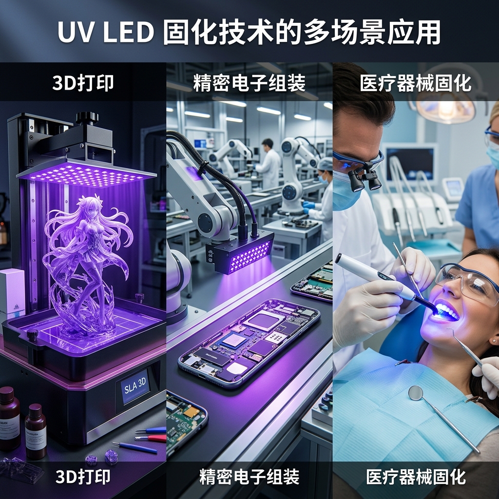展示UV固化陶瓷灯珠在3D打印、精密电子组装和医疗器械固化（如补牙）等多元工业及医疗场景中的应用，突出其广泛的实用性。