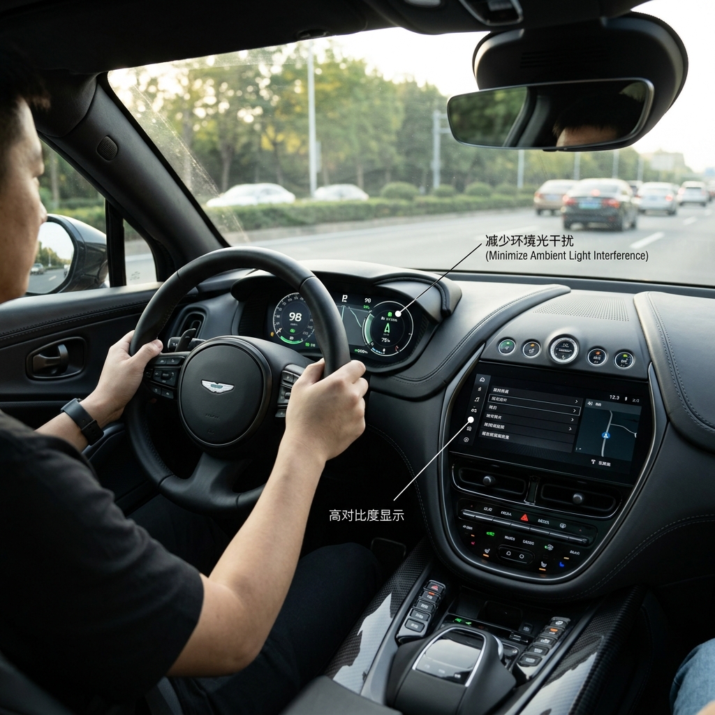 高端汽车驾驶舱内景,哑光黑仪表盘和中控台有效减少阳光反光,彩色LED指示灯在深色背景下清晰显示,体现哑光黑的护眼和高对比度优势
