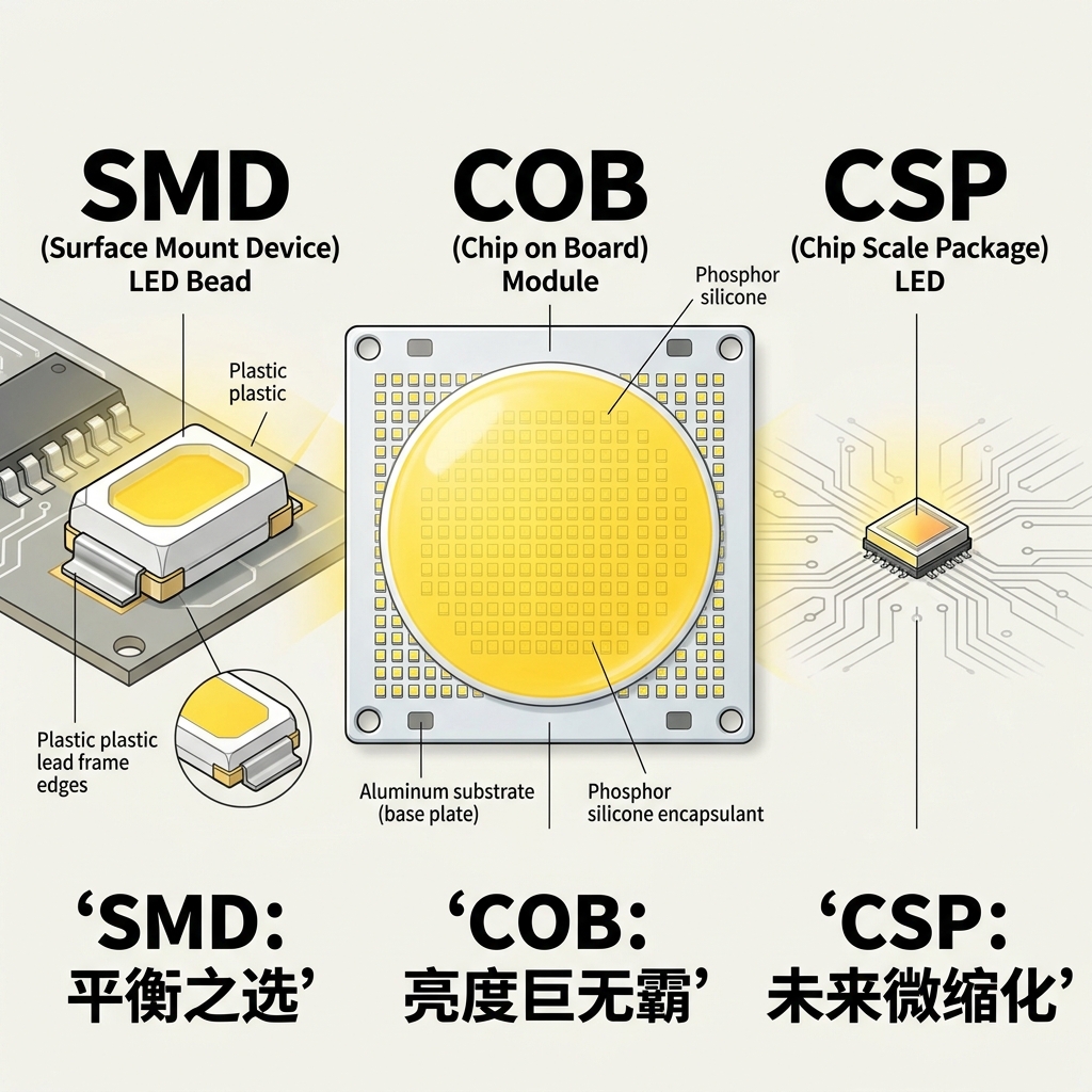 SMD、COB、CSP三种主流LED封装类型的对比图，直观展示不同封装技术的外观与特性