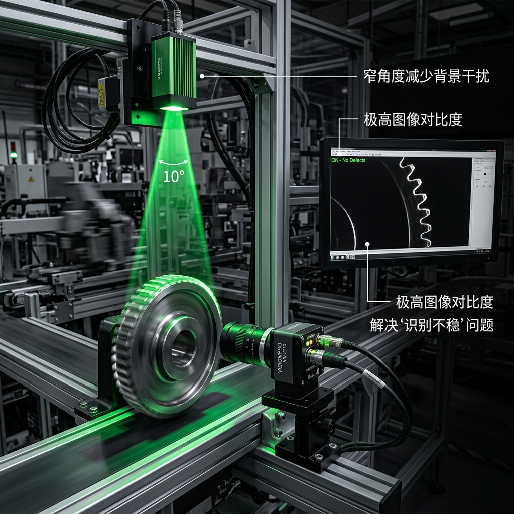 窄角度陶瓷灯珠在机器视觉产线中的应用，通过精准聚光提高图像对比度和识别稳定性。