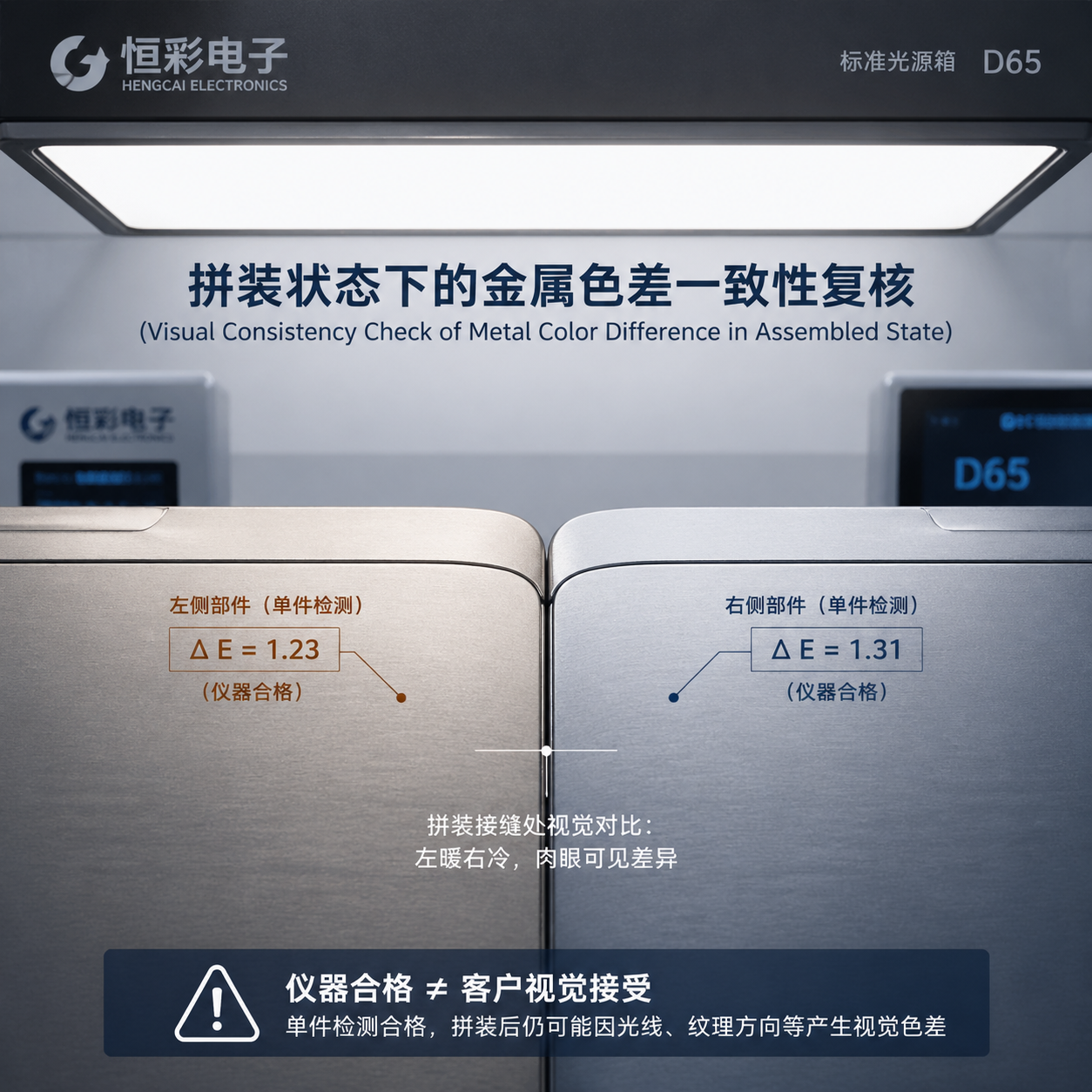 金属边框部件拼装后的色差复核，即使单件ΔE合格，整体视觉差异仍可能存在