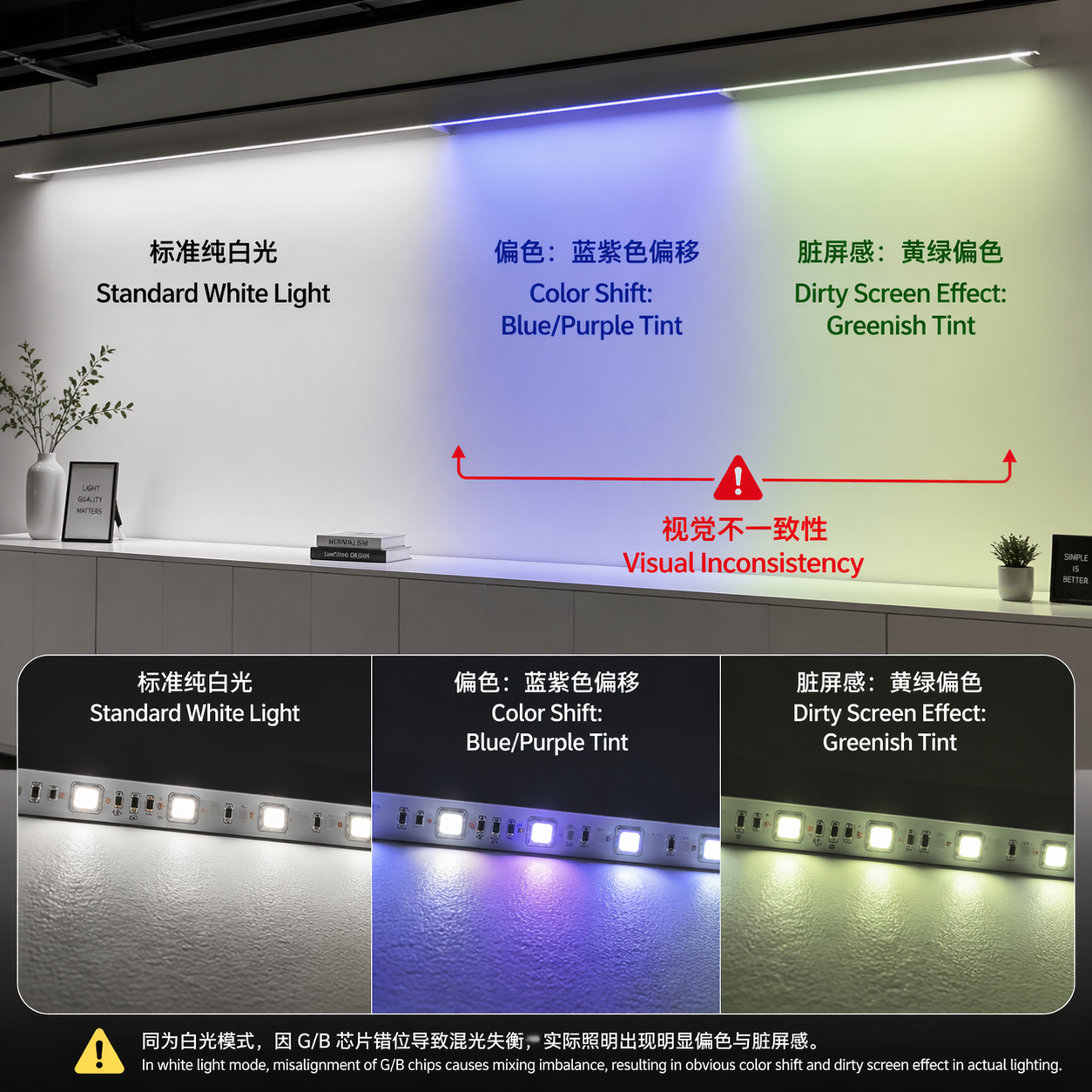 RGB LED灯带在白色墙面上的照明效果对比图：左侧呈现标准纯白光，右侧因G/B芯片混光失衡导致蓝紫色和黄绿色偏色，呈现脏屏感。