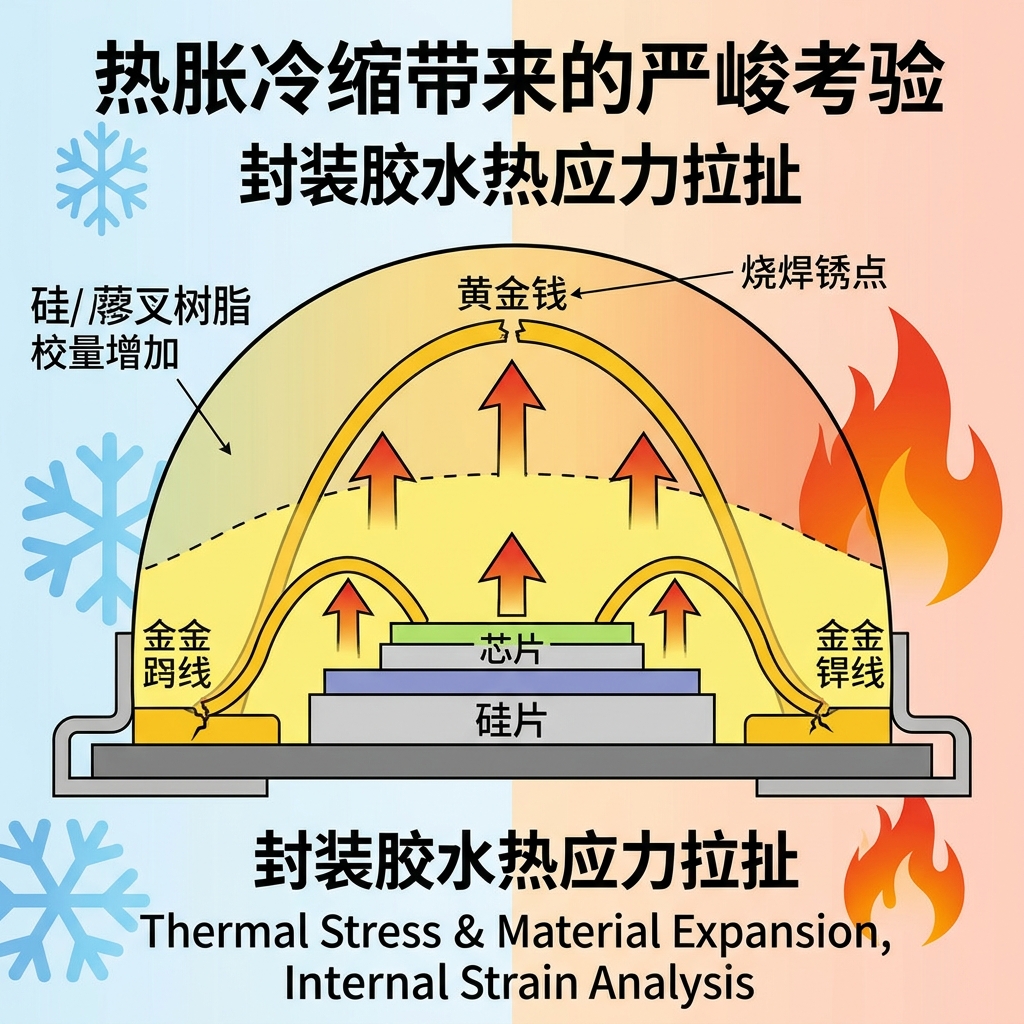 LED灯珠内部剖面示意图，详细解释了封装胶水在热胀冷缩过程中对纯金线产生的热应力拉扯，这会导致焊点出现微小裂纹甚至断裂，是金线断裂的主要原因之一。