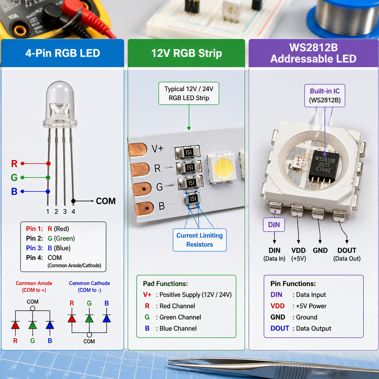 三种常见的RGB LED类型对比图：普通四脚RGB LED、RGB灯带和可编程WS2812B灯珠。