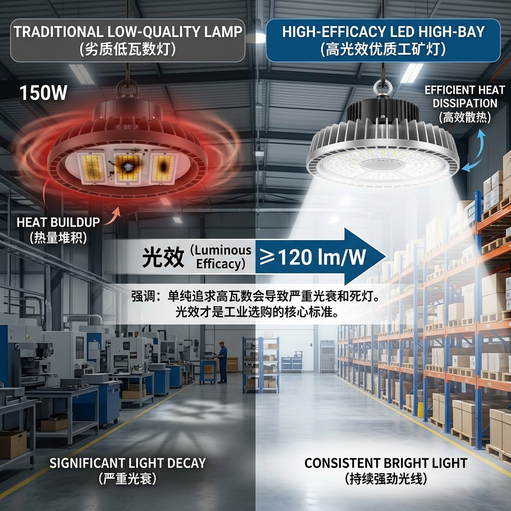 工厂车间照明对比图：劣质150W工矿灯因散热差导致光衰与暗淡，而高光效（≥120 lm/W）优质工矿灯提供强劲均匀照明，强调工业照明中光效的关键性