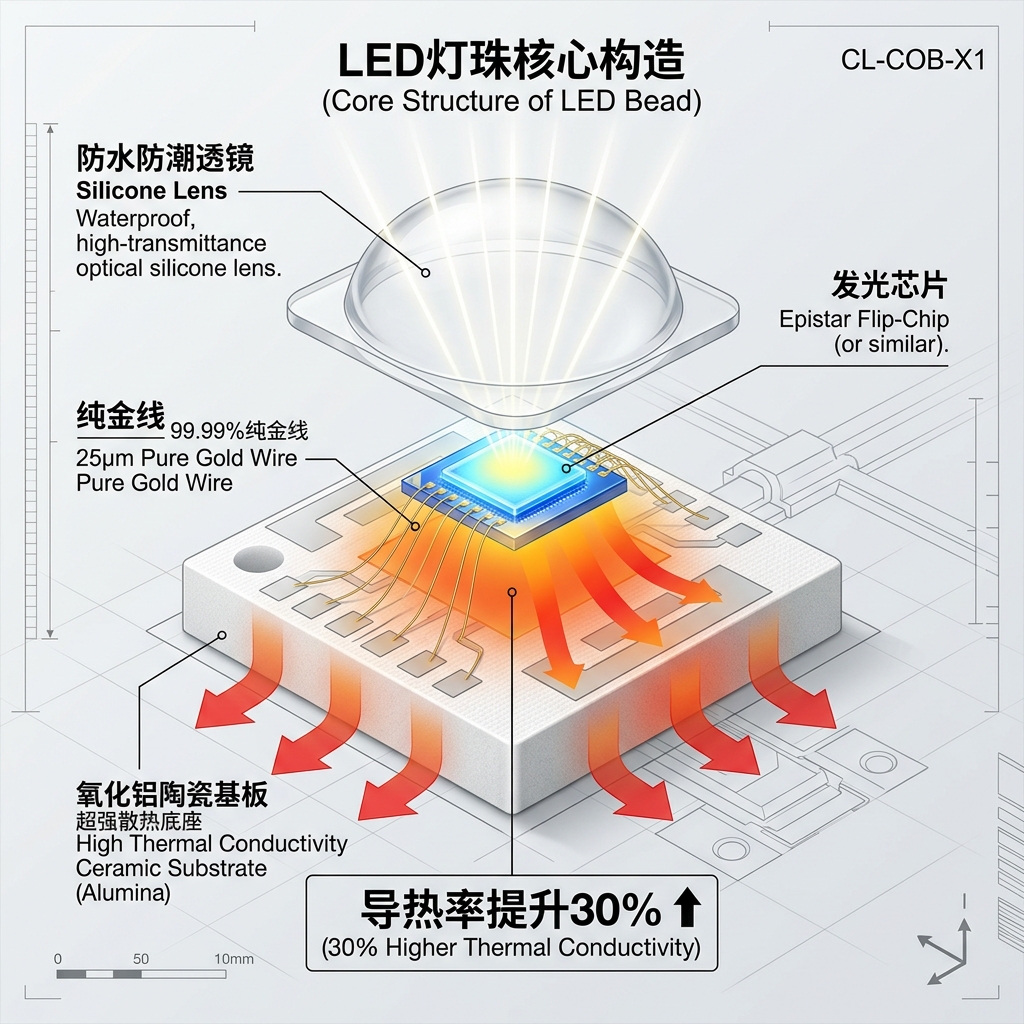 植物生长陶瓷灯珠的拆解示意图，展示氧化铝陶瓷基板、发光芯片、纯金线和硅胶透镜，强调陶瓷基板超强散热能力。