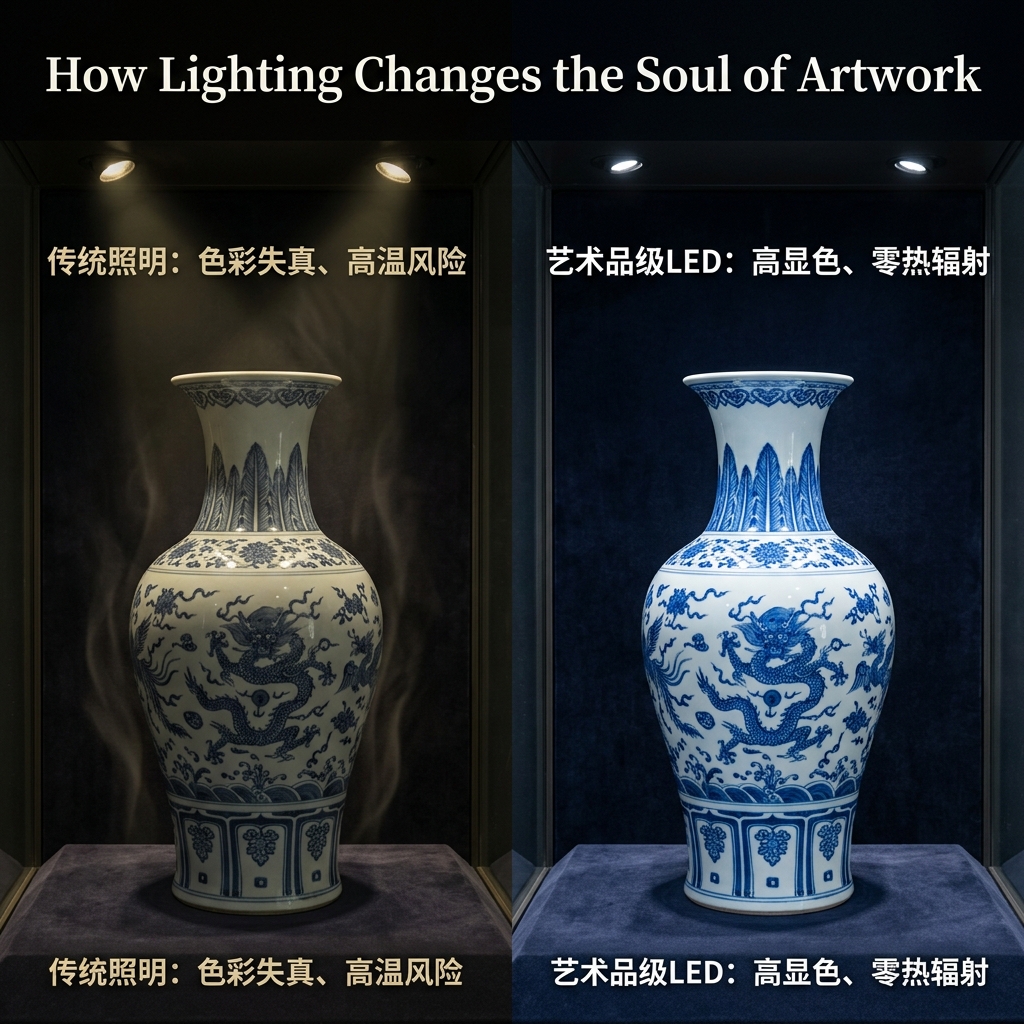 传统照明与艺术品级LED照明对古董瓷器色彩还原与热损伤风险的对比，展示高显指冷光源的优势