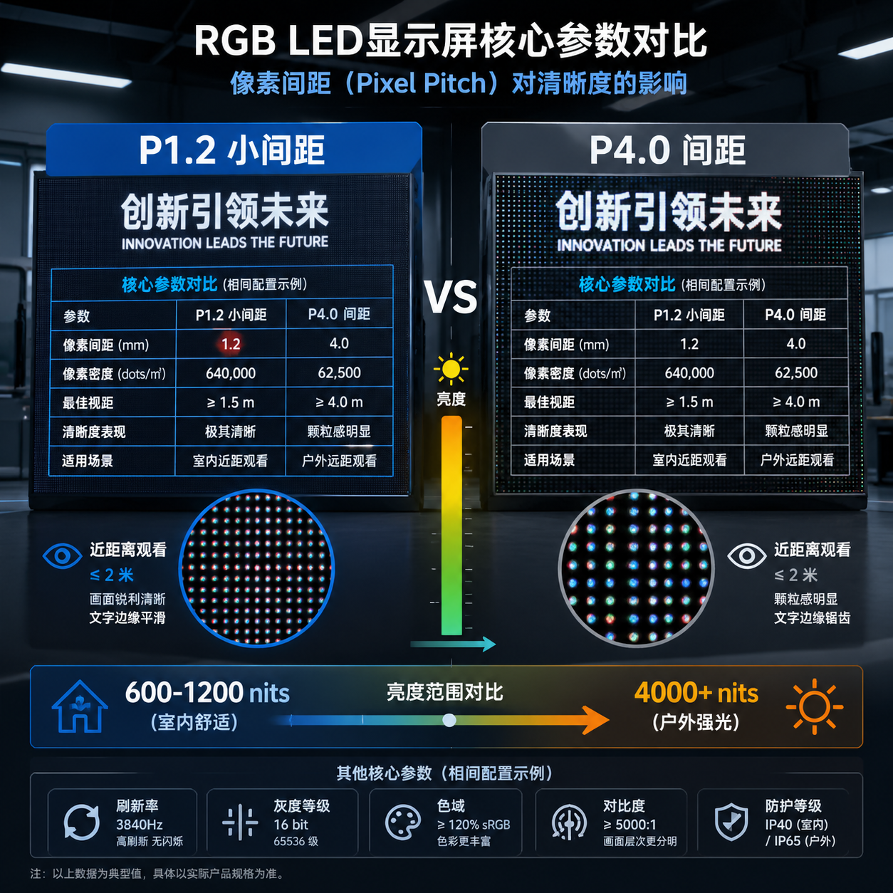 一张对比图，展示不同像素间距（P1.2小间距与P4.0大间距）对RGB LED显示屏清晰度的影响，并提示室内外亮度选择。
