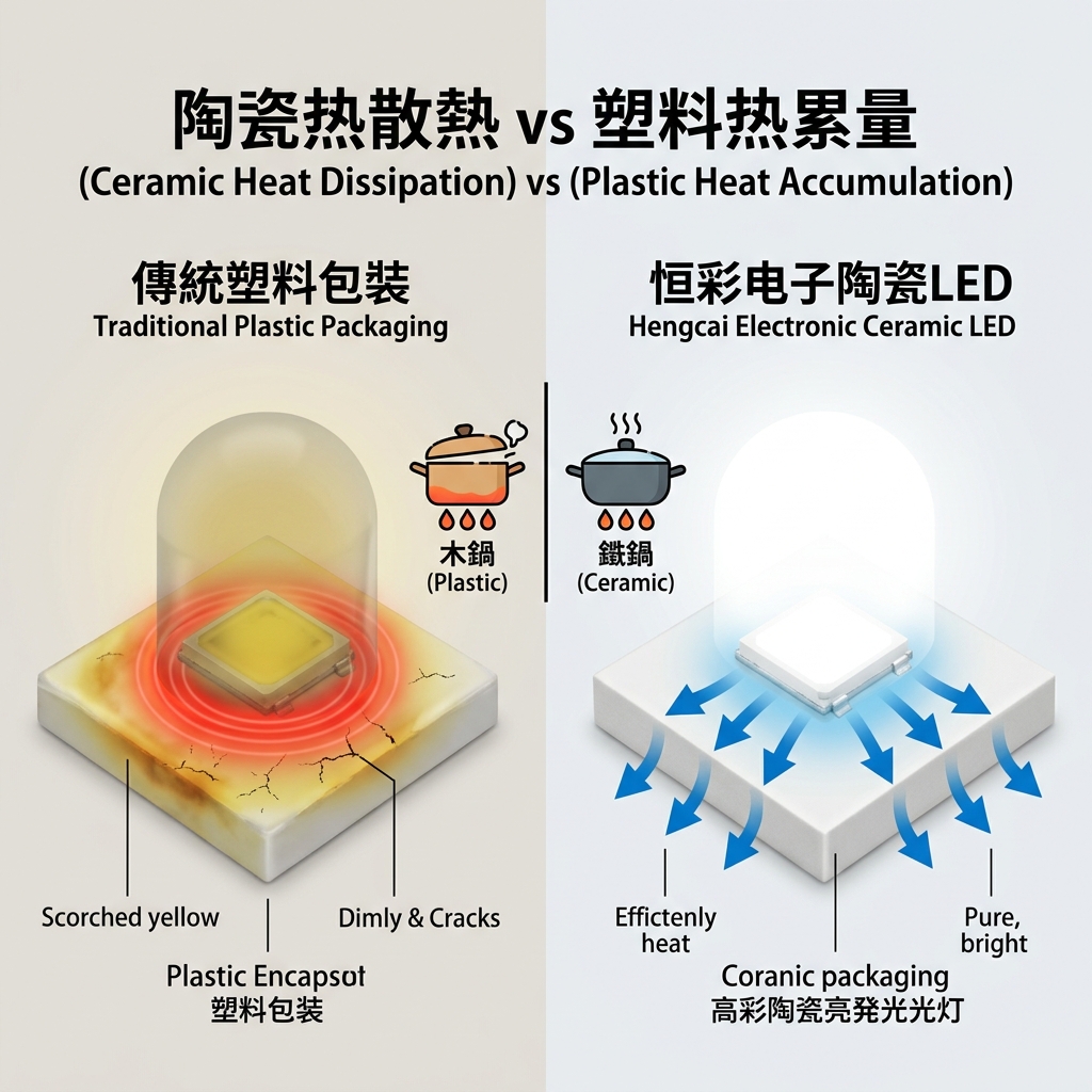 陶瓷封装与传统塑料封装灯珠散热性能对比图，形象展示陶瓷底座高效散热与塑料封装热量积聚的显著差异。