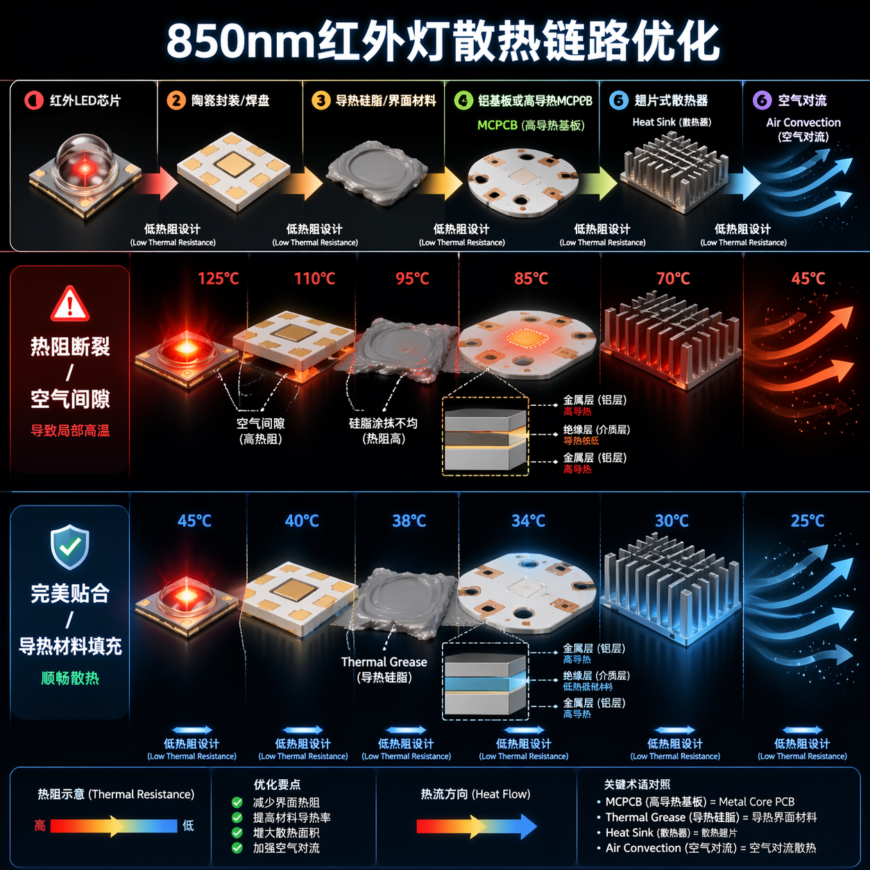 850nm红外线灯散热链路优化示意图，详细分解热量从LED芯片到空气的传导路径，并强调低热阻设计的重要性