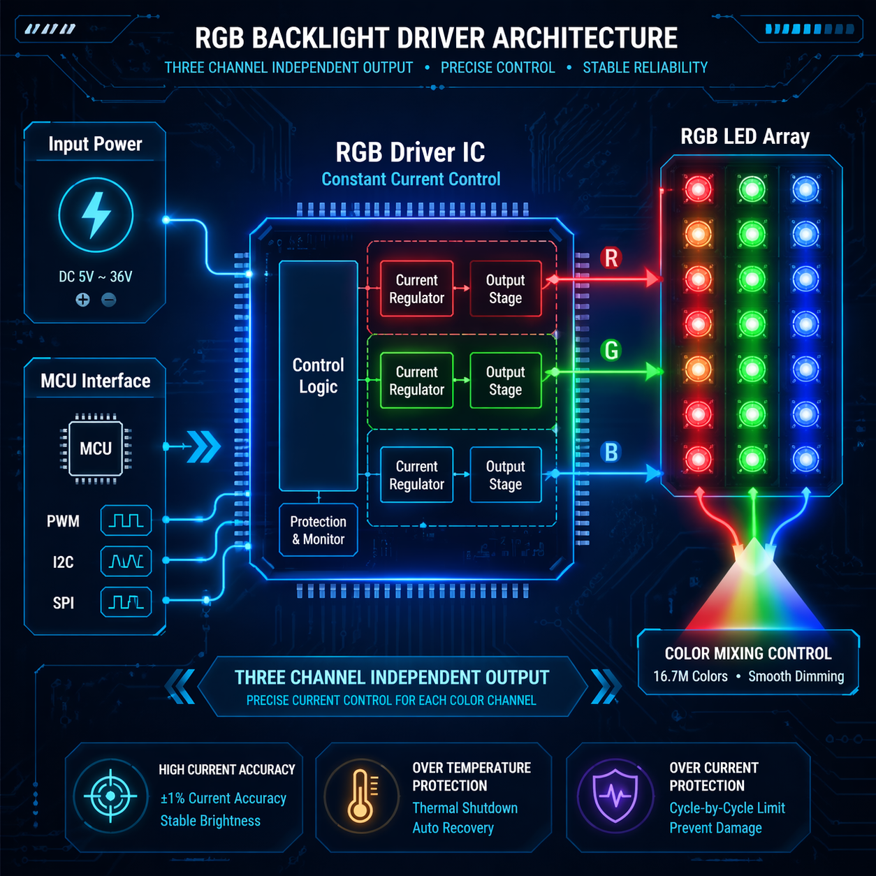 RGB背光驱动电路系统架构示意图，展示输入电源、MCU控制、恒流驱动芯片、三通道输出与LED阵列，并标注主要功能模块和保护机制。