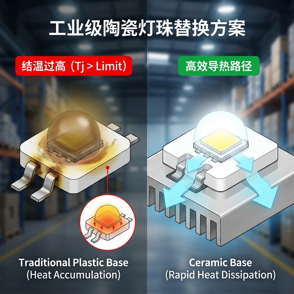 传统塑料底座LED灯珠因高温积热导致焦黄、光衰与陶瓷底座LED灯珠高效散热、光线明亮的对比示意图