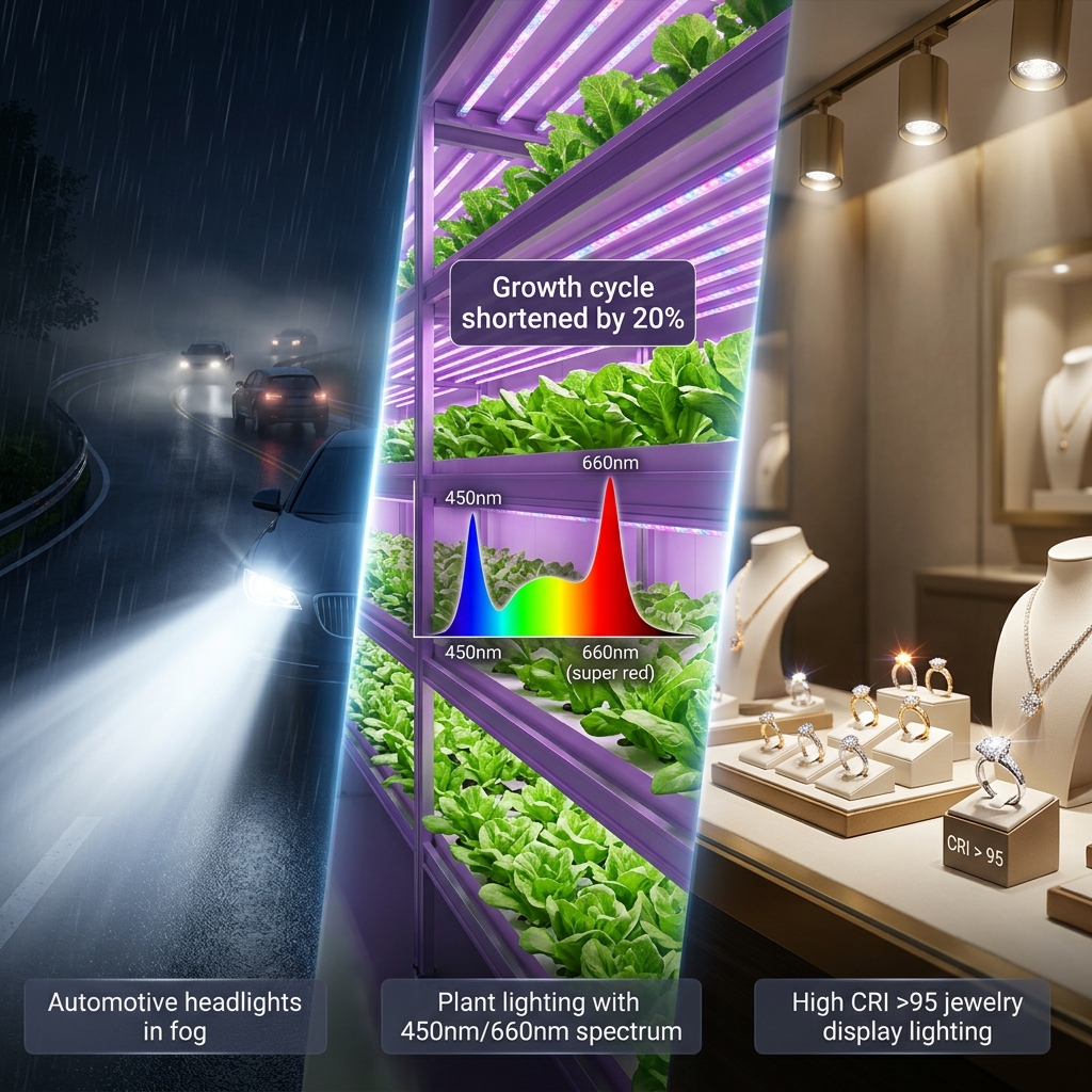 进口芯片陶瓷灯珠在汽车大灯、植物补光照明和奢华珠宝陈列三大核心应用场景的视觉效果展示。