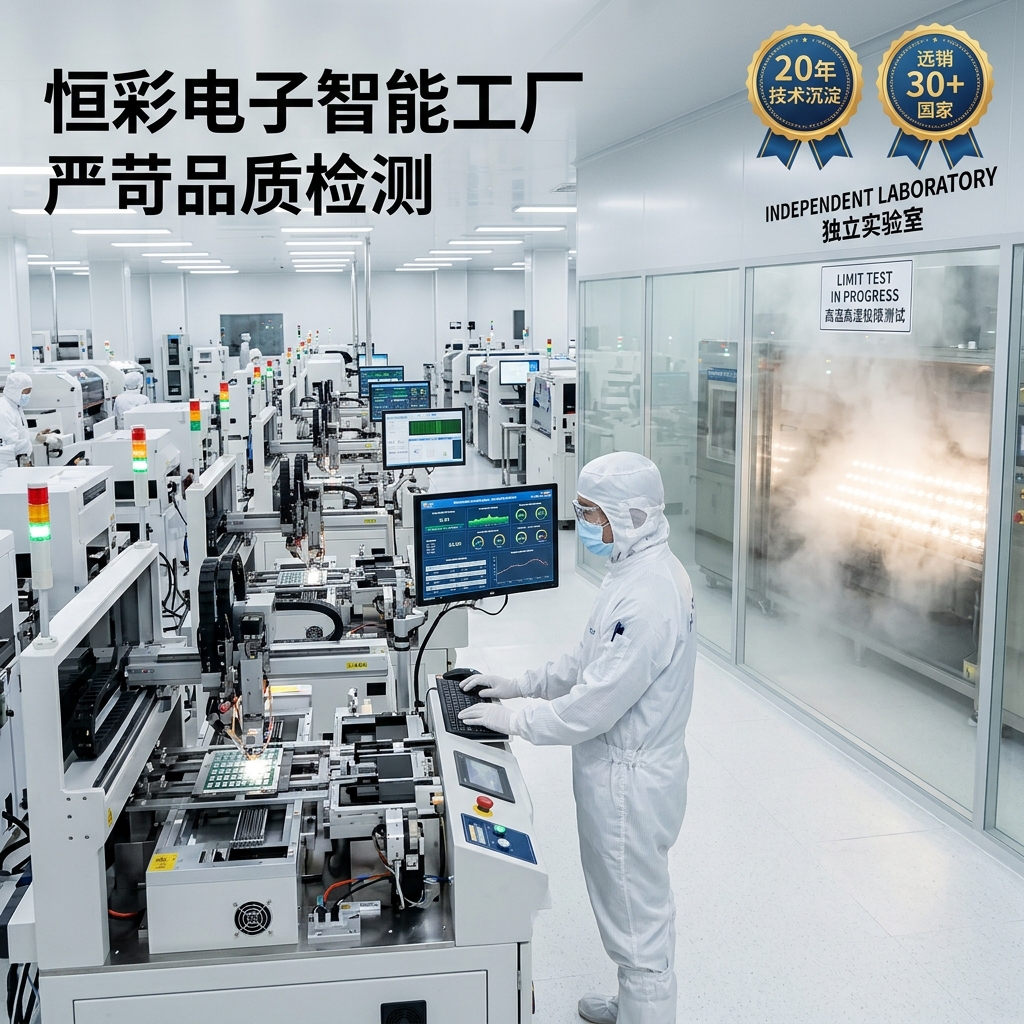 恒彩电子H-CLED高科技智能无尘车间与独立实验室实景，展现精密制造工艺和严苛的品质极限测试过程。
