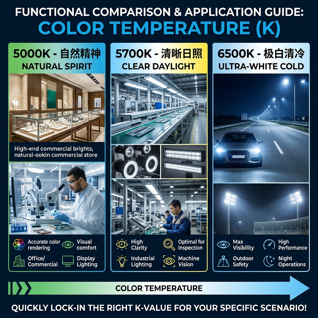 正白光色温（CCT）应用场景对比图：5000K适用于办公室，5700K适用于工业检测，6500K适用于户外路灯和汽车大灯