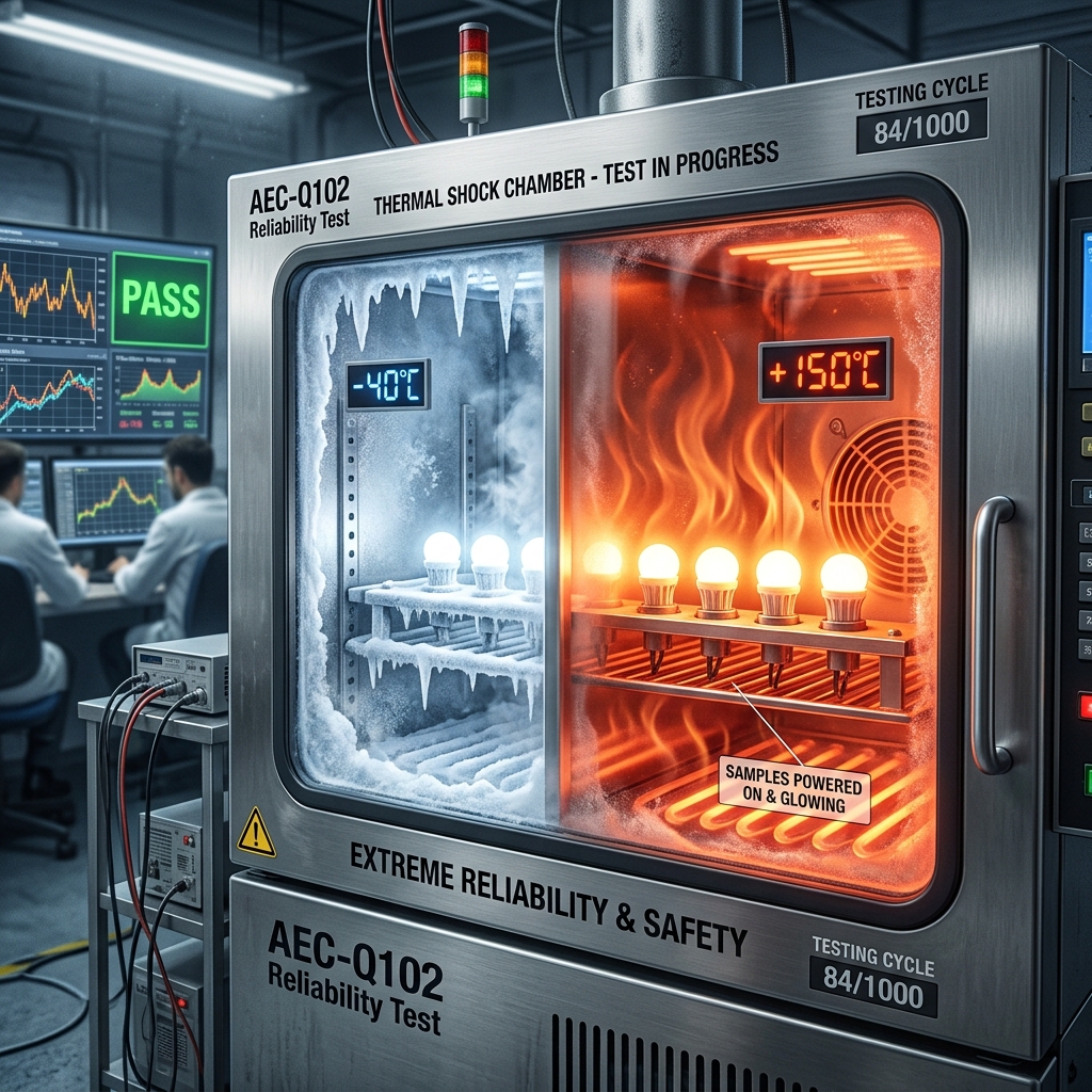 AEC-Q102车规级认证的魔鬼测试场景插图，展示陶瓷灯珠在-40℃至+150℃高低温冲击下仍稳定发光，彰显其极端可靠性与安全性。