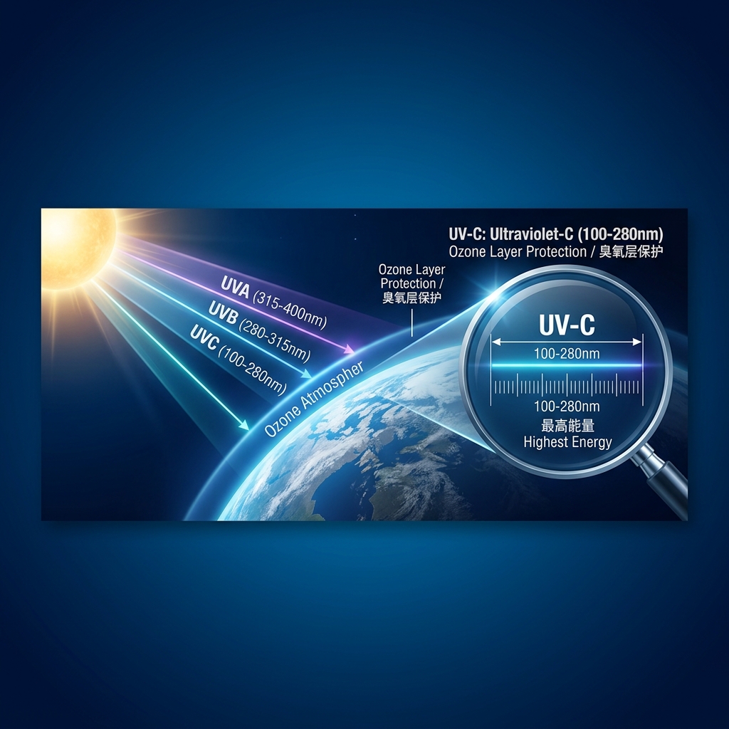 UV-C紫外线波段及其物理特性信息图，展示UVA、UVB、UVC的波长范围，并解释臭氧层如何阻挡自然的UVC光线，强调UVC波长在100-280nm且能量最高。