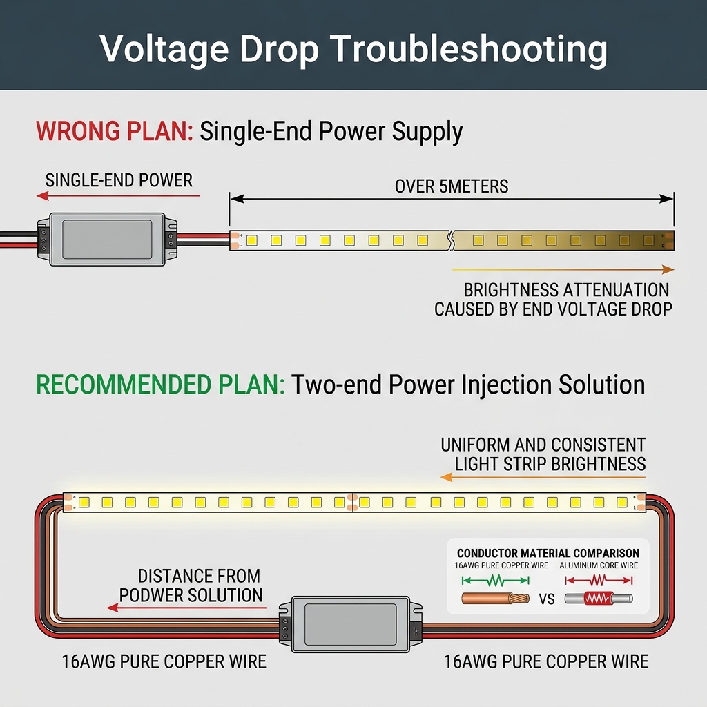 长距离LED灯带电压降排障示意图，对比了单端供电（错误方案，末端亮度衰减）与两端补电（推荐方案，亮度均匀）的效果，强调使用16AWG纯铜线材的重要性。