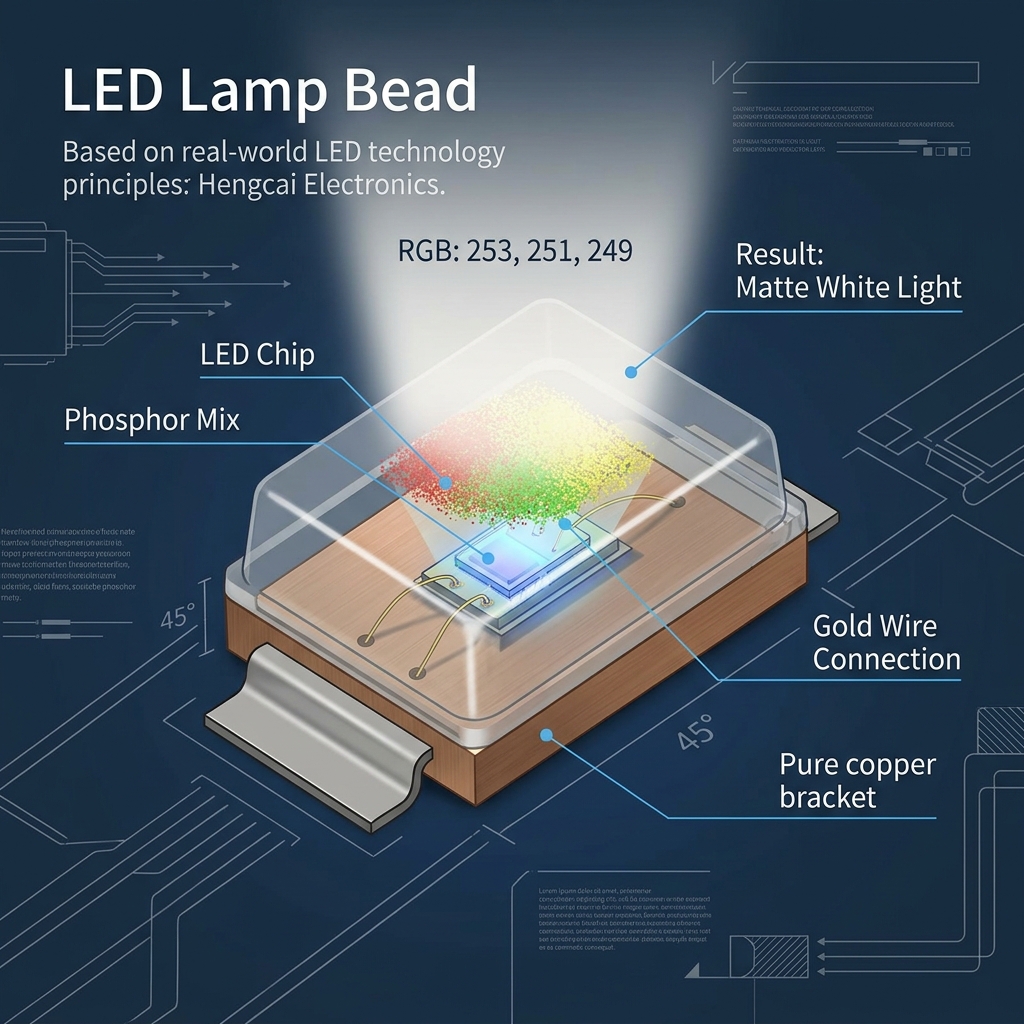 LED灯珠内部构造拆解图，展示发光芯片、特制荧光粉、纯金线和高导热支架如何协同还原哑光白光效