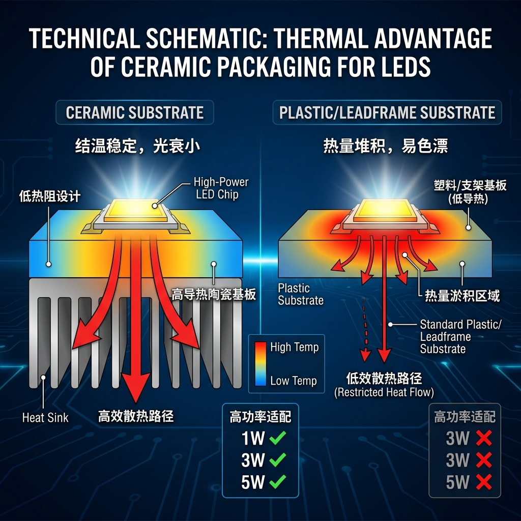陶瓷基板与普通基板散热性能对比图，展示陶瓷封装在热管理和高功率应用中的优势。