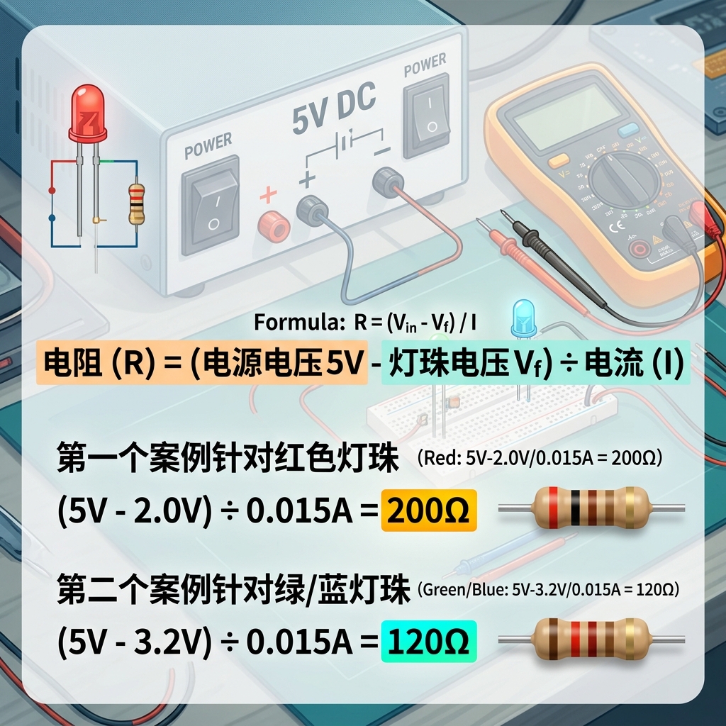 欧姆定律计算公式图，演示了在5V电源下，如何根据目标电流和灯珠电压，计算红色LED（200Ω）和绿/蓝色LED（120Ω）所需的限流电阻。