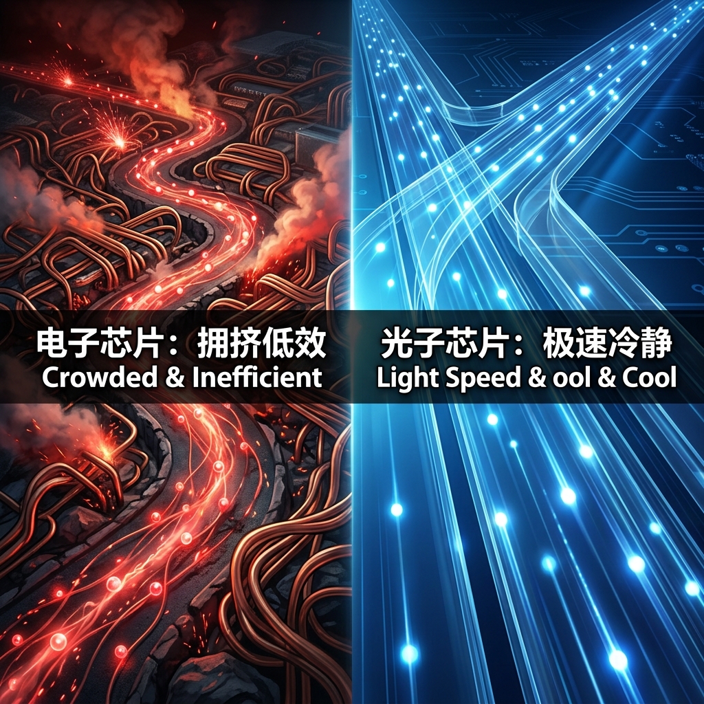 形象对比图：传统电子芯片（拥挤低效的乡间小路）与光子芯片（极速冷静的玻璃超级高速公路）的底层工作原理差异，展示电子流与光子流的传输效率与发热情况。