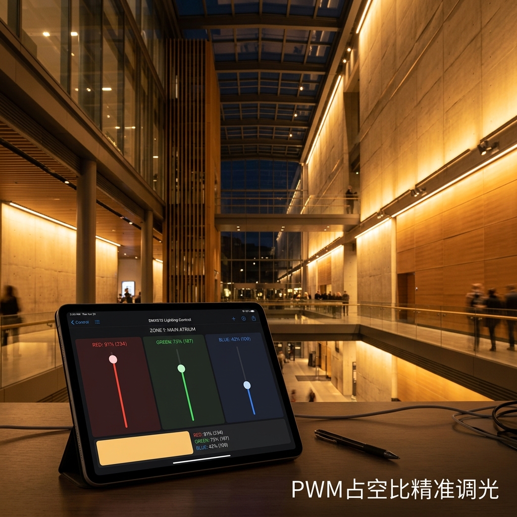 一张展示智能照明控制系统（DMX512）应用场景的横屏图像。画面前端是一台iPad Pro，屏幕上运行着智能灯光控制软件，三个调光滑块分别对应红、绿、蓝通道，数值精确显示为：R 91% (234), G 73% (187), B 42% (109)。iPad背景是一个宏大的商业建筑中庭，成组的LED洗墙灯正根据这些指令，将冷冰冰的建筑构件渲染成温暖、高级的浅金黄色。画面右下角有淡淡的文字标注：‘PWM占空比精准调光’。