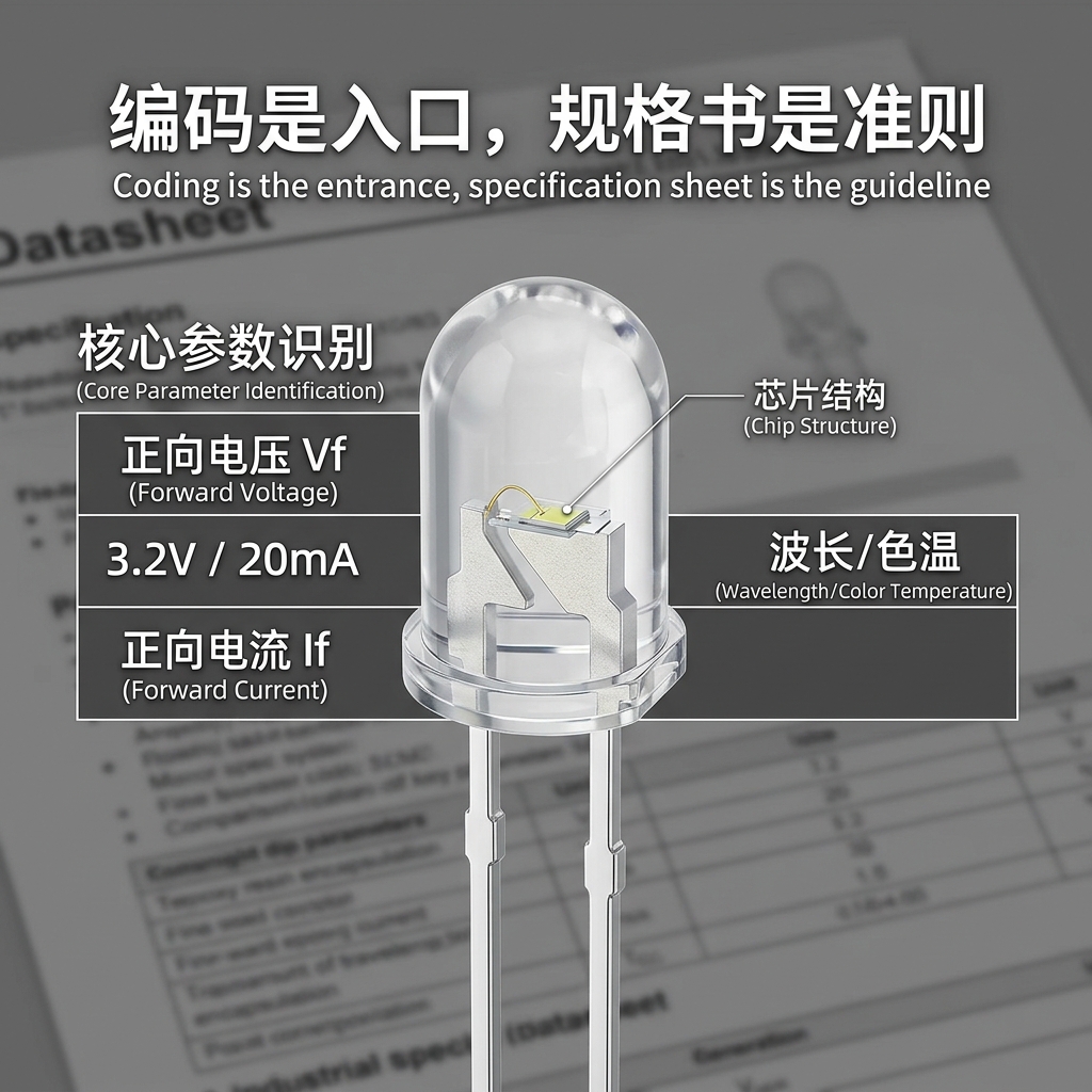 5mm白光直插LED微距图，清晰展示内部芯片结构，并强调正向电压Vf、正向电流If等核心参数，背景模糊的规格书提示编码是入口，规格书是准则。