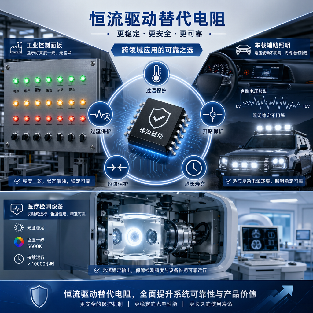 LED恒流驱动方案在工业控制面板、车载辅助照明和医疗检测设备中的应用场景，展示了其带来的亮度一致性、稳定性和多重保护（过温、过流、开路、短路）及长寿命优势。