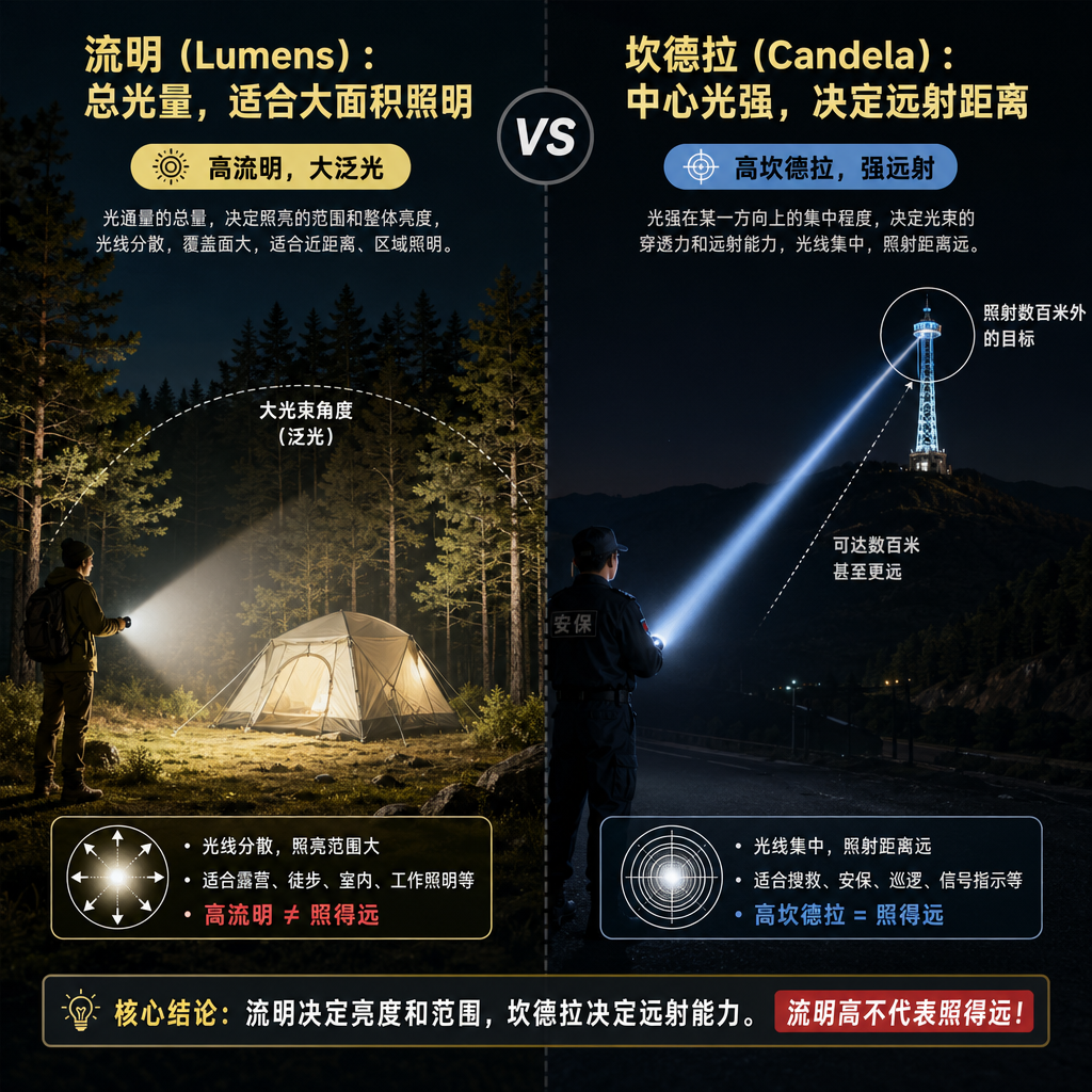 图表对比流明（Lumens）与坎德拉（Candela），左侧展示高流明宽泛光适合大面积照明，右侧展示高坎德拉强远射决定远射距离