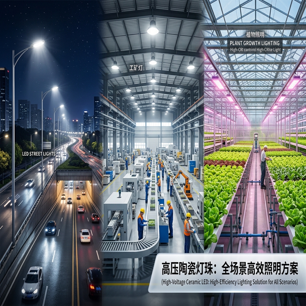 高压陶瓷灯珠在城市LED路灯、大型工厂工矿灯和植物照明中的应用场景，展示其全场景高效照明方案。