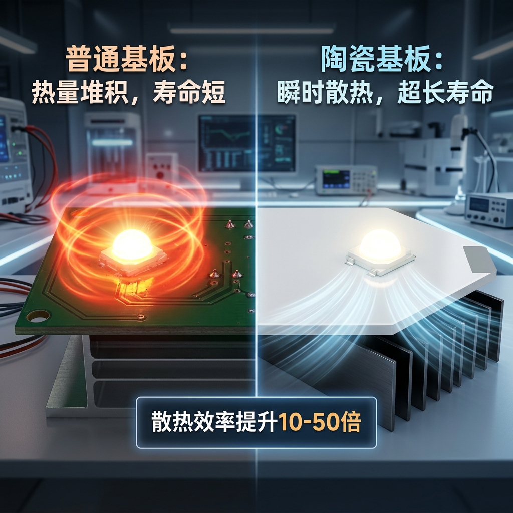 一张对比图，左侧显示普通LED基板热量堆积导致寿命短，右侧显示陶瓷基板瞬时散热实现超长寿命，强调散热效率提升10-50倍。